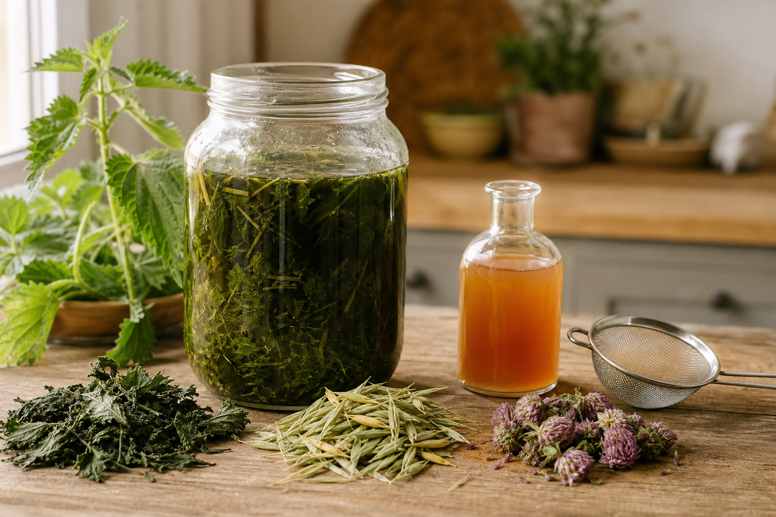 Glass jar of nourishing herbal infusion with nettle, oatstraw, red clover, apple cider vinegar, and a fine mesh strainer.
