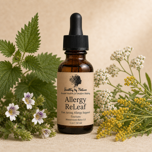Allergy ReLeaf labeled amber tincture bottle