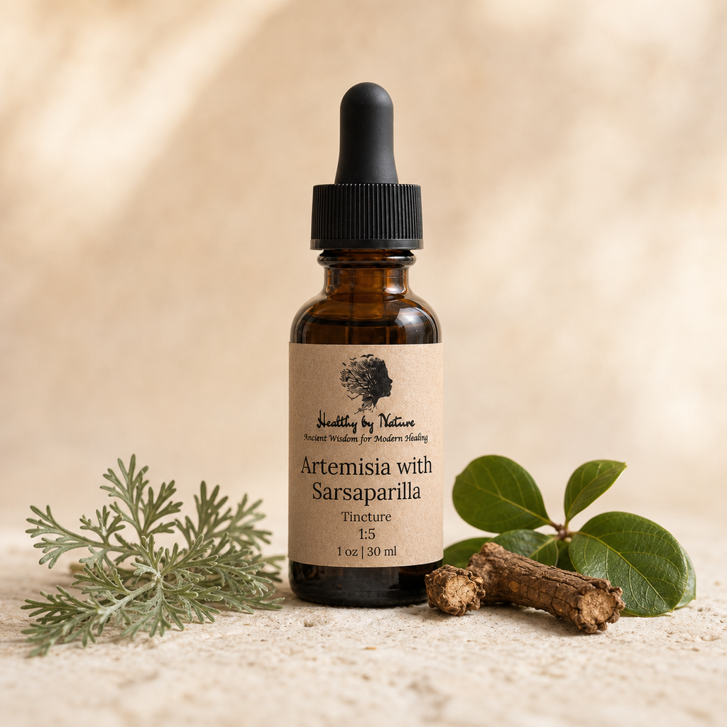 Artemisia with Sarsaparilla Tincture in labeled amber bottle