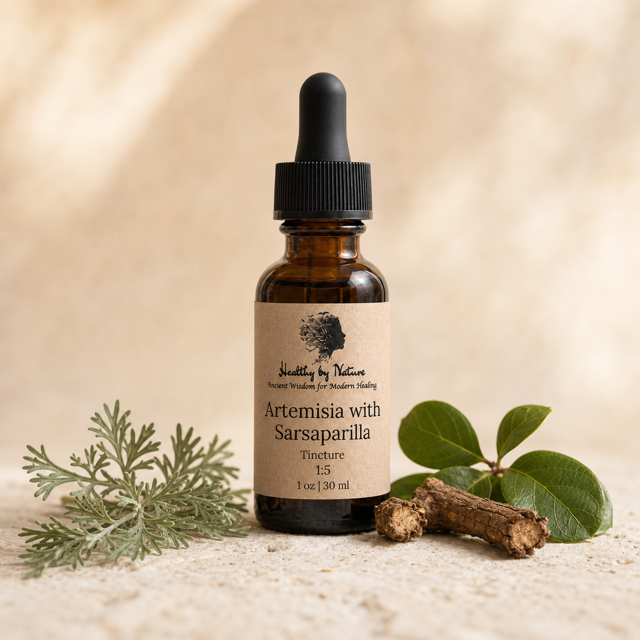 Artemisia with Sarsaparilla Tincture in labeled amber bottle