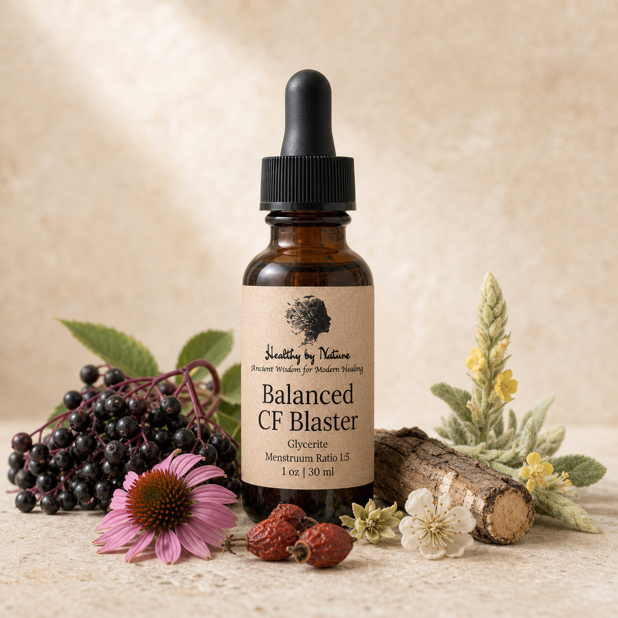 Balanced CF Blaster glycerite in labeled amber bottle