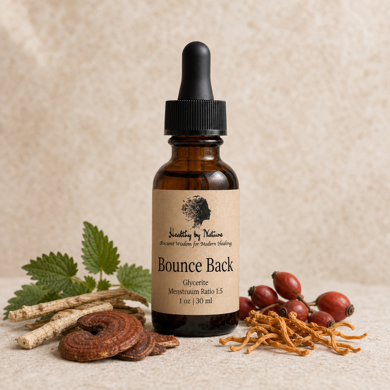 Bounce Back glycerite in labeled amber bottle