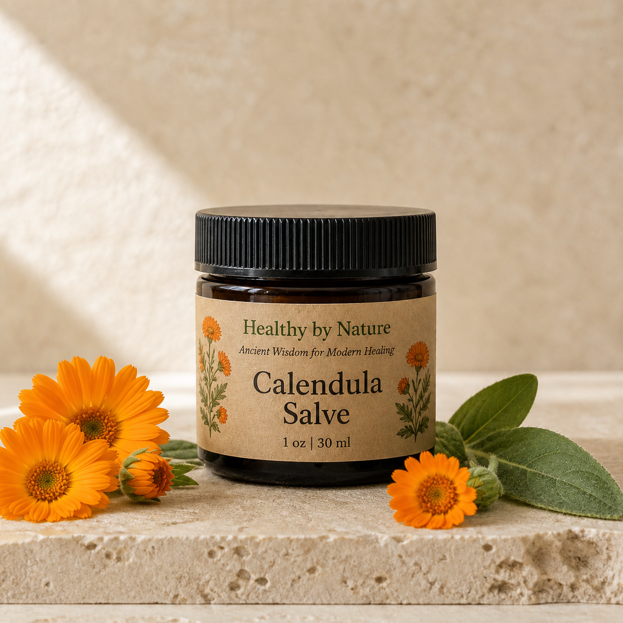 Calendula Salve in labeled amber jar