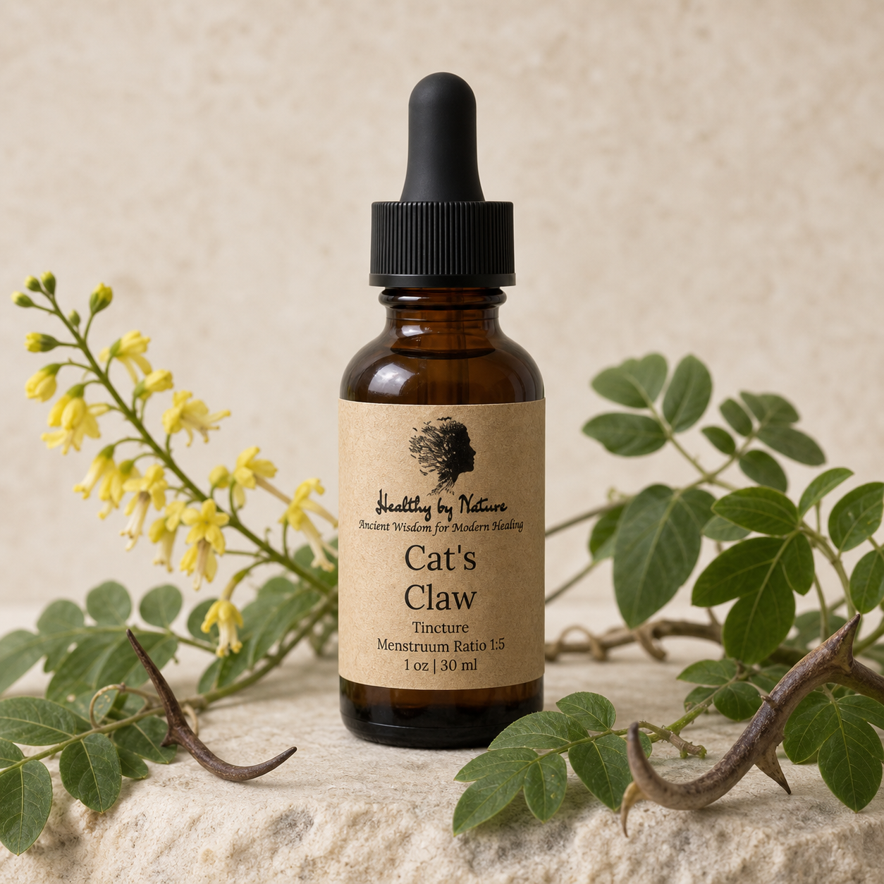 Cat's Claw tincture bottle with kraft paper label and botanical vine