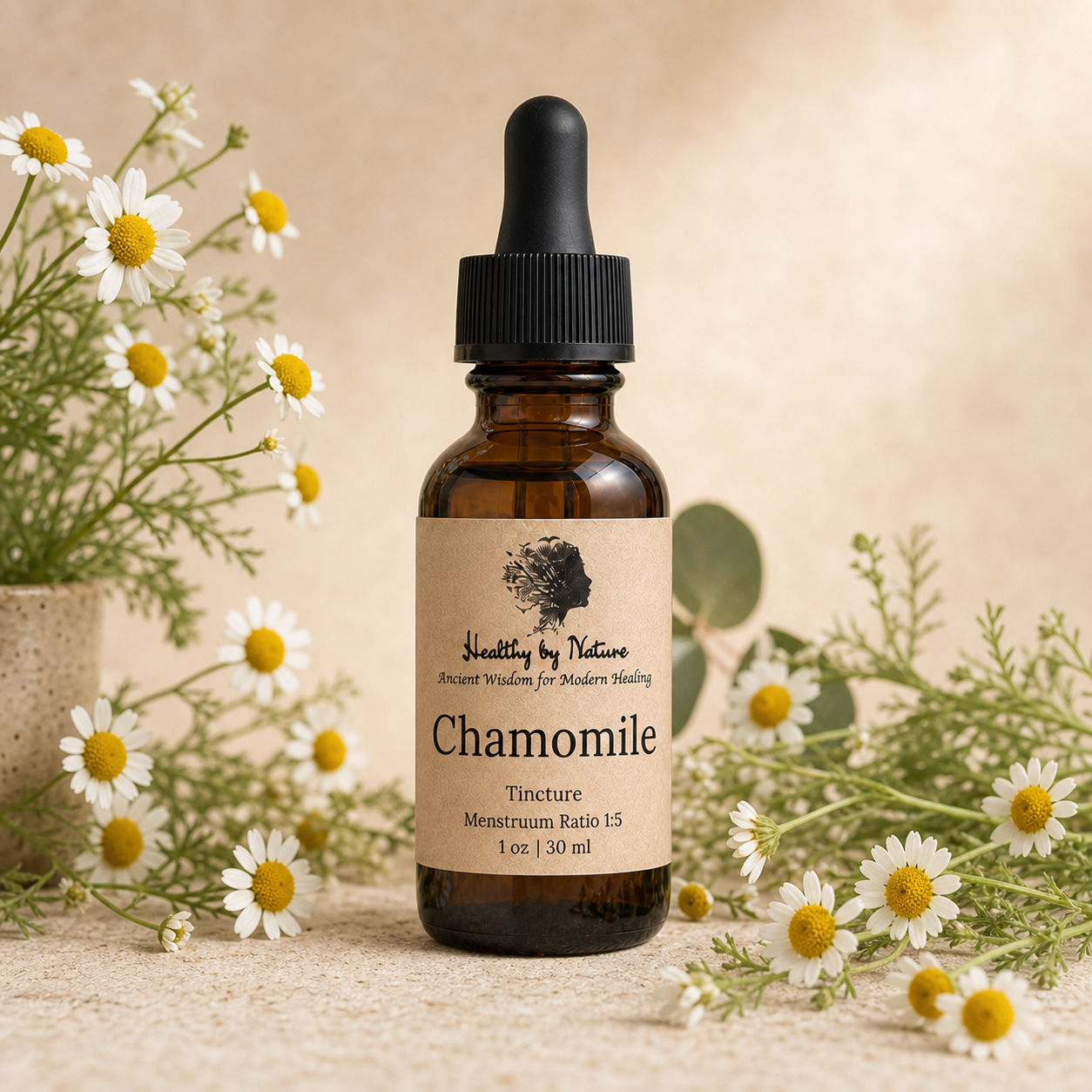 Chamomile labeled amber tincture bottle