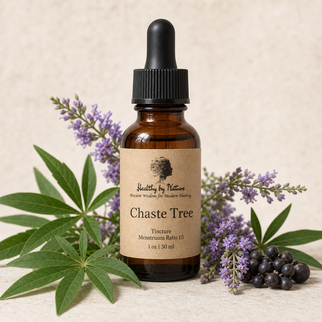 Chaste Tree tincture bottle with kraft paper label, purple flowers, leaves, and berries