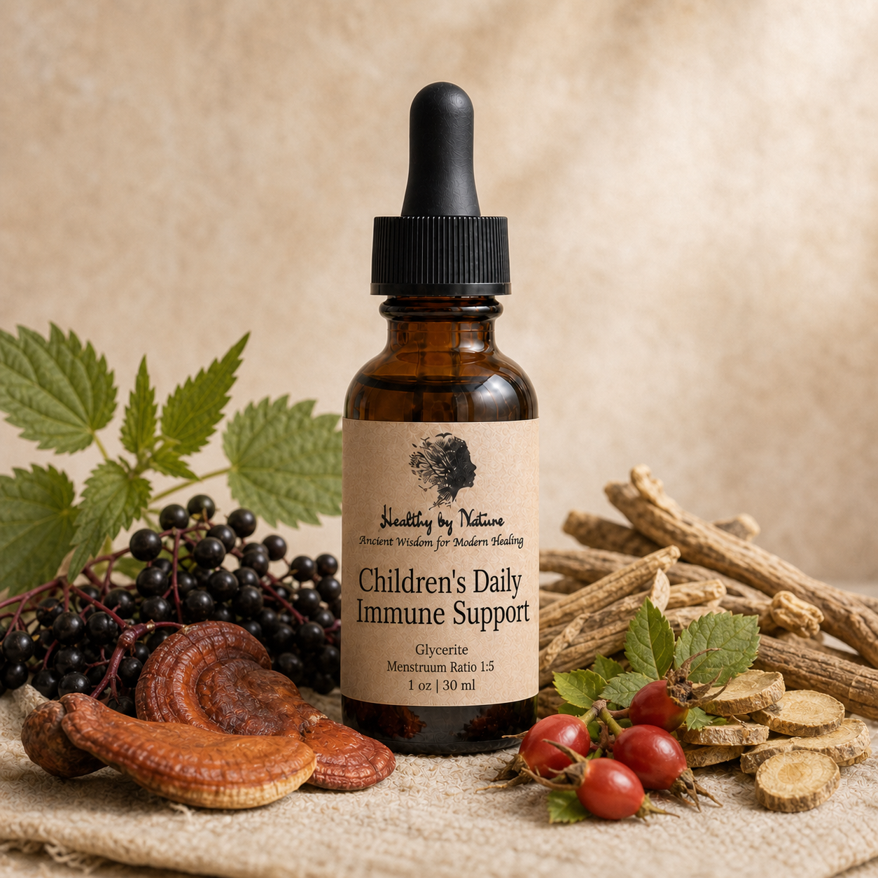 Children's Daily Immune Support glycerite in labeled amber bottle