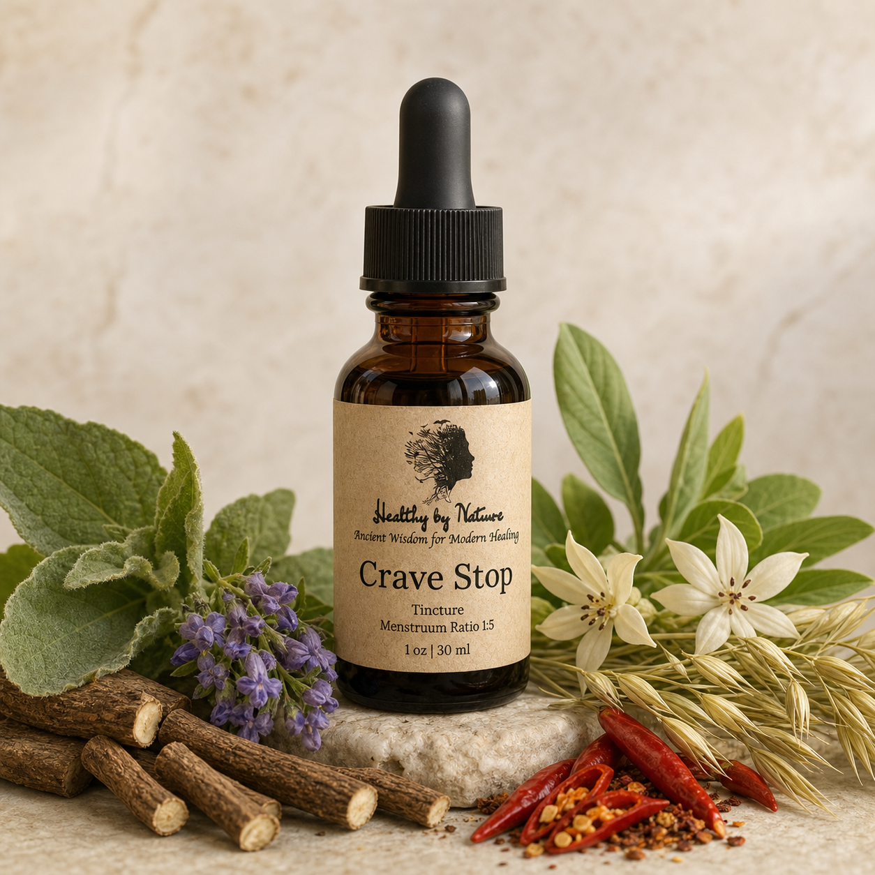 Crave Stop tincture in labeled amber bottle