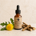 Dandelion Root tincture bottle with kraft paper label, dandelion flower, leaves, and dried root
