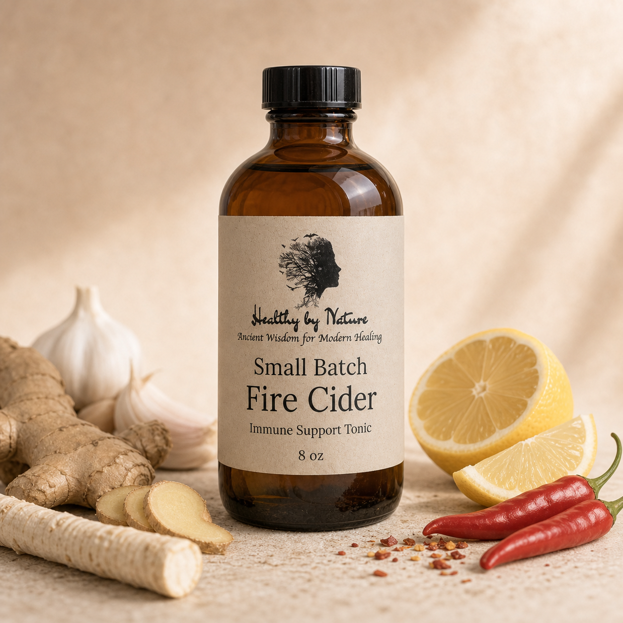 Fire Cider labeled 8 oz amber bottle