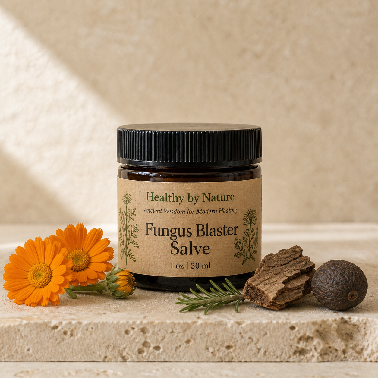 Fungus Blaster Salve in labeled amber jar