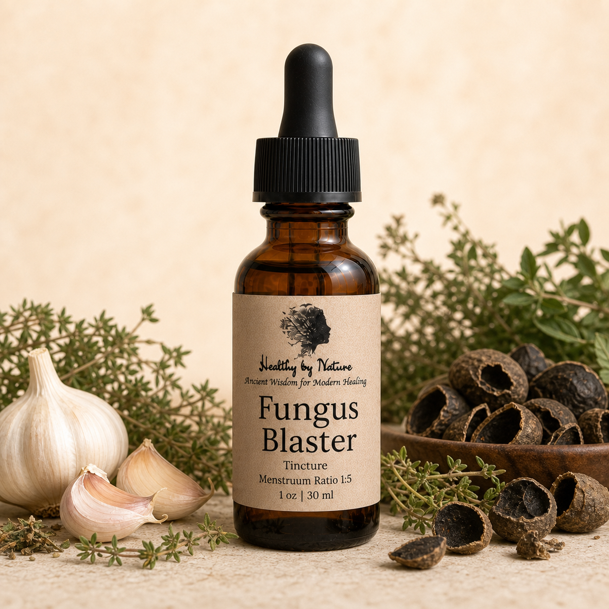 Fungus Blaster labeled amber tincture bottle