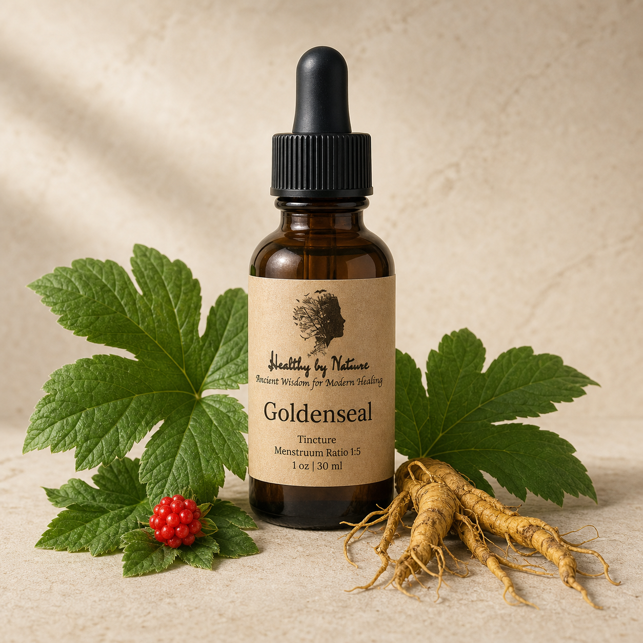 Goldenseal tincture bottle with kraft paper label, leaves, berry, and golden root