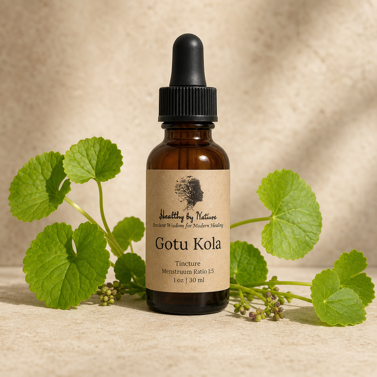 Gotu Kola tincture bottle with kraft paper label and fresh leaves