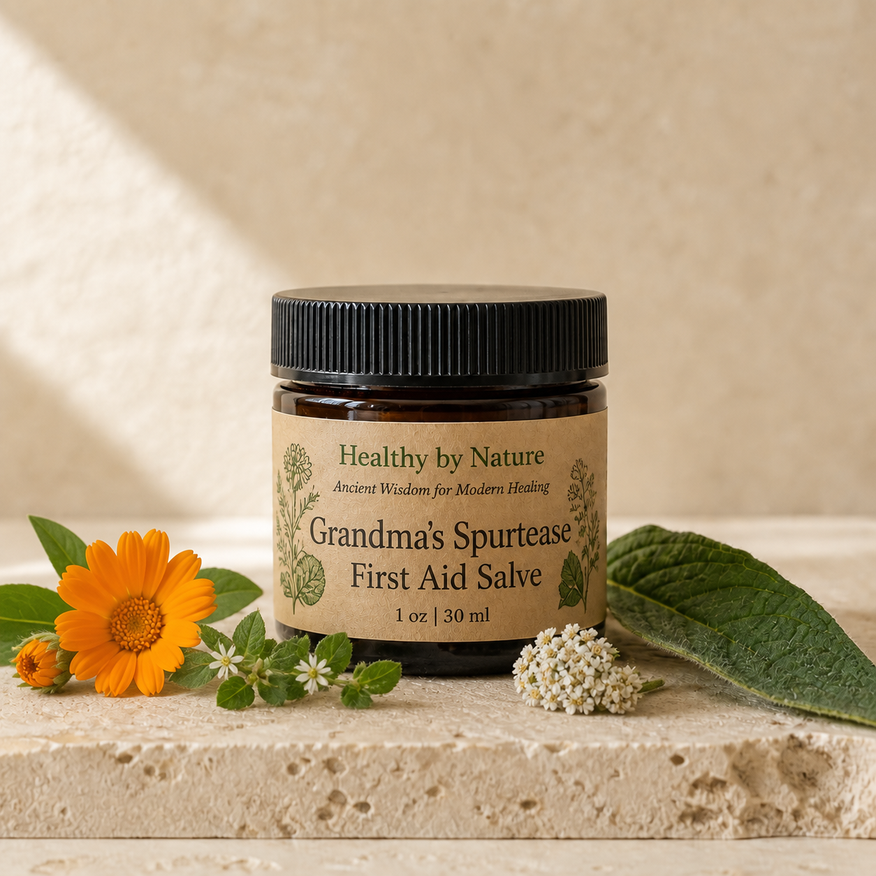 Grandma’s Spurtease First Aid Salve in labeled amber jar