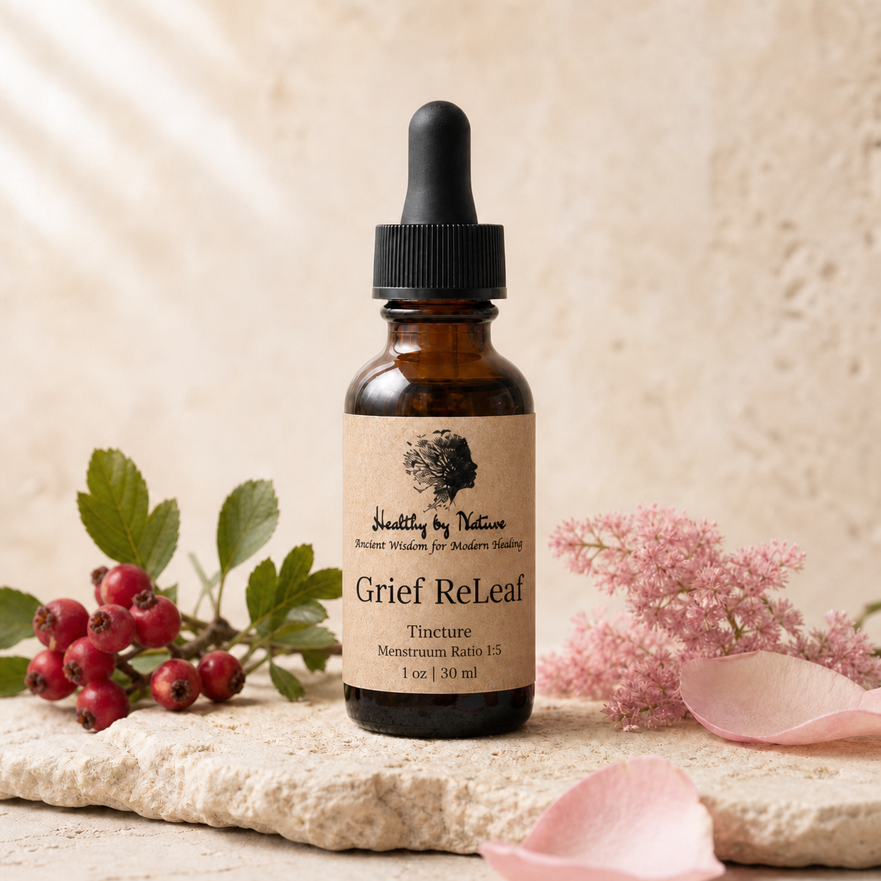 Grief ReLeaf tincture in labeled amber bottle