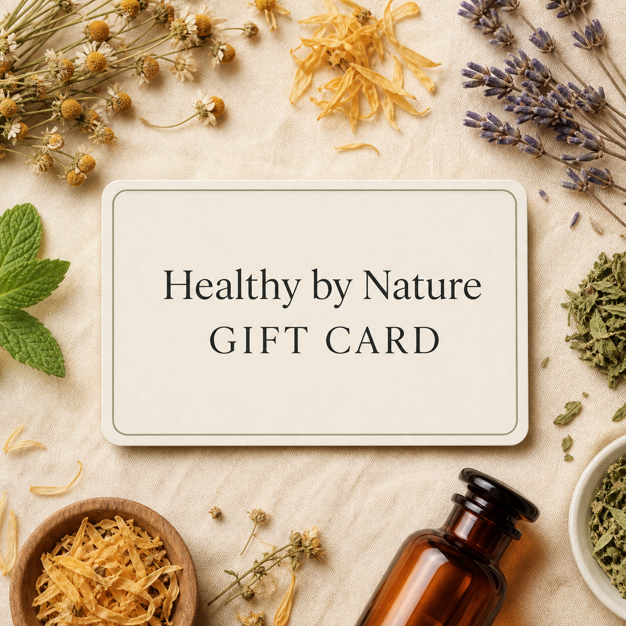 Healthy by Nature digital gift card surrounded by botanicals