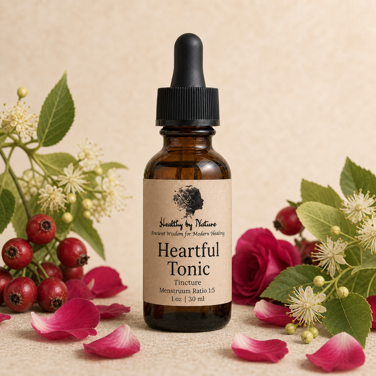 Heartful Tonic labeled amber tincture bottle