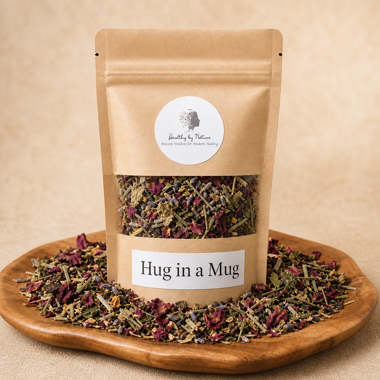 Hug in a Mug labeled kraft tea pouch on a warm herbal backdrop