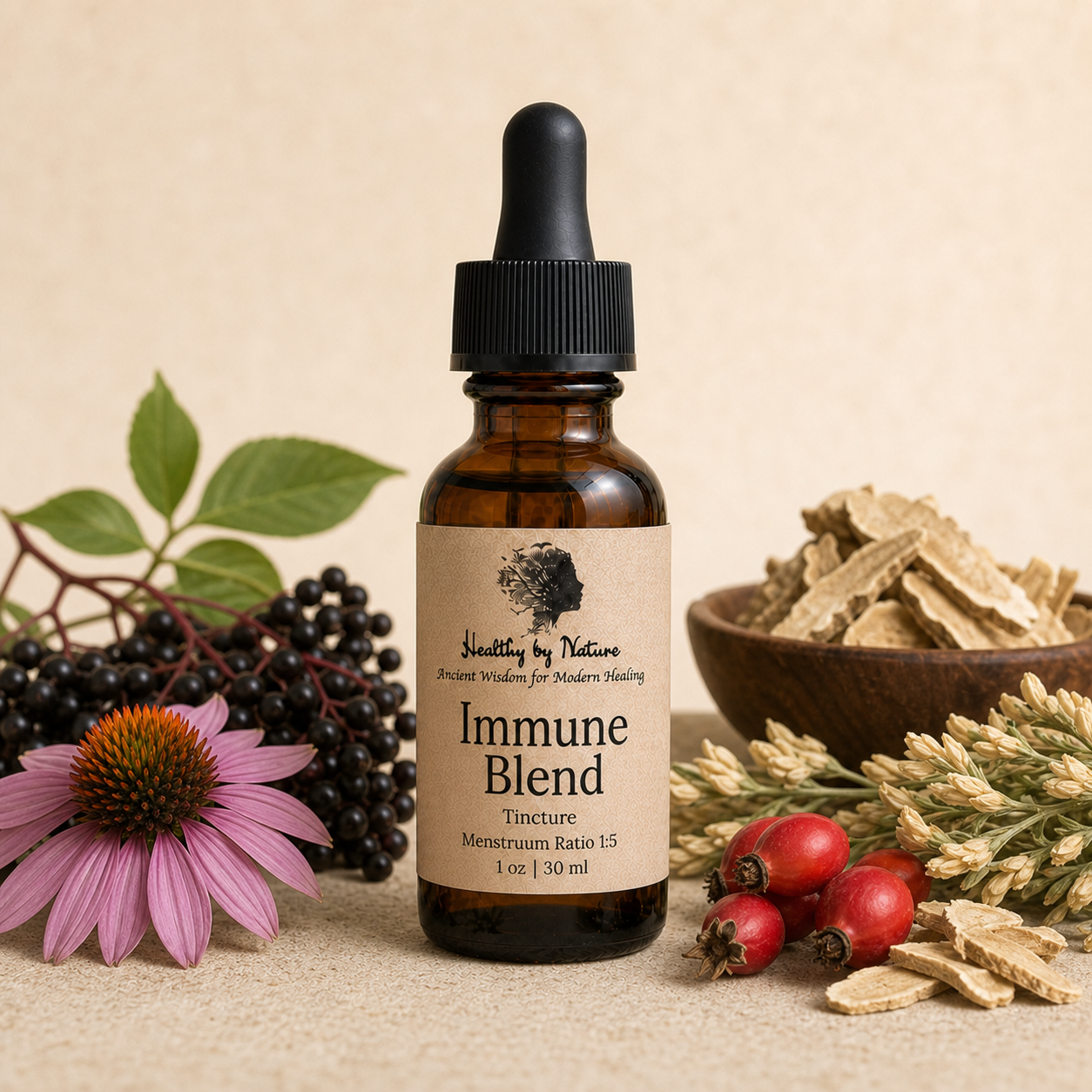 Immune Blend labeled amber tincture bottle
