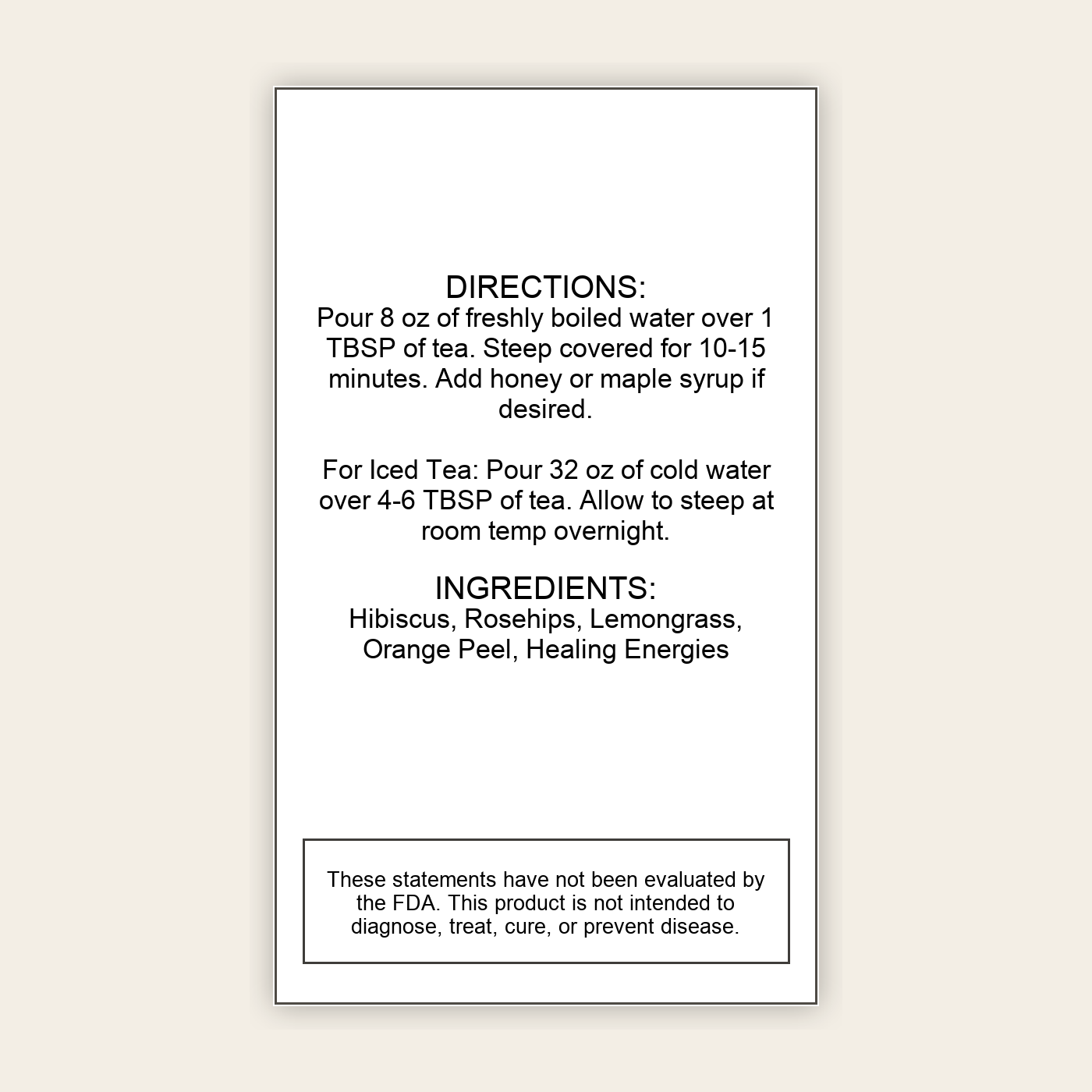 Centered ImmuniTea back label with directions and ingredients