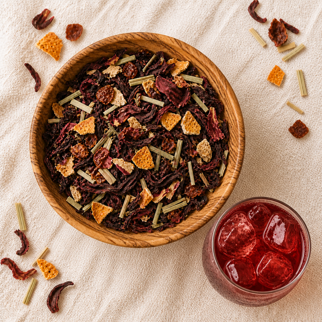 ImmuniTea loose herbal blend in an olive wood bowl with ruby iced tea