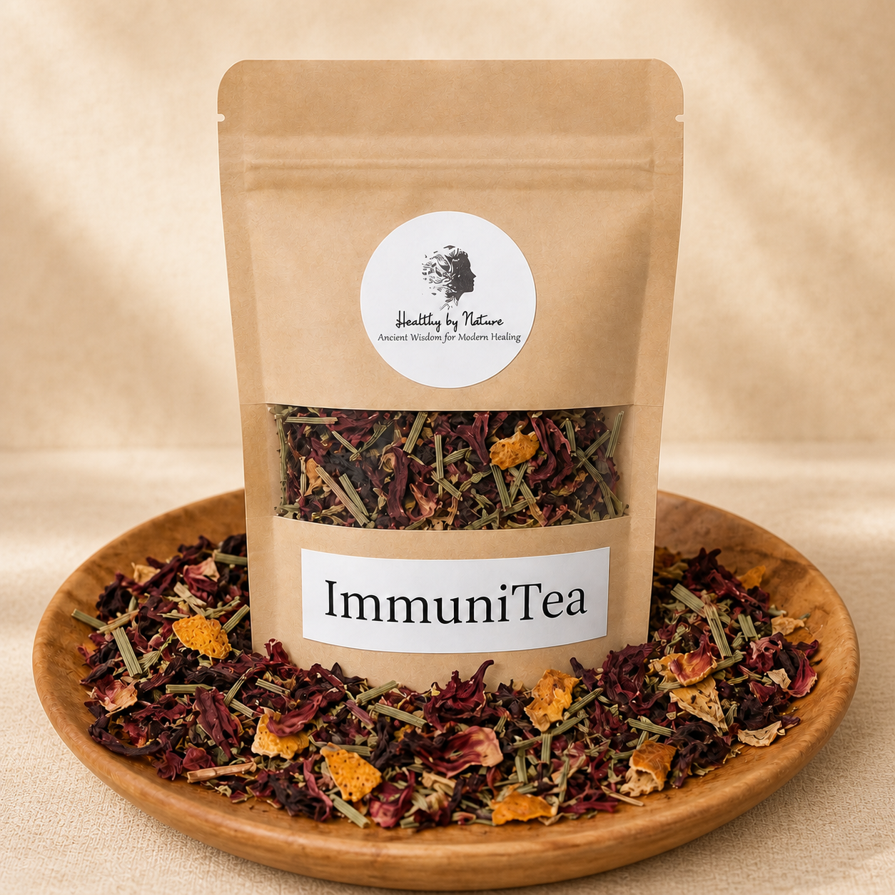 ImmuniTea labeled kraft tea pouch on a warm herbal backdrop