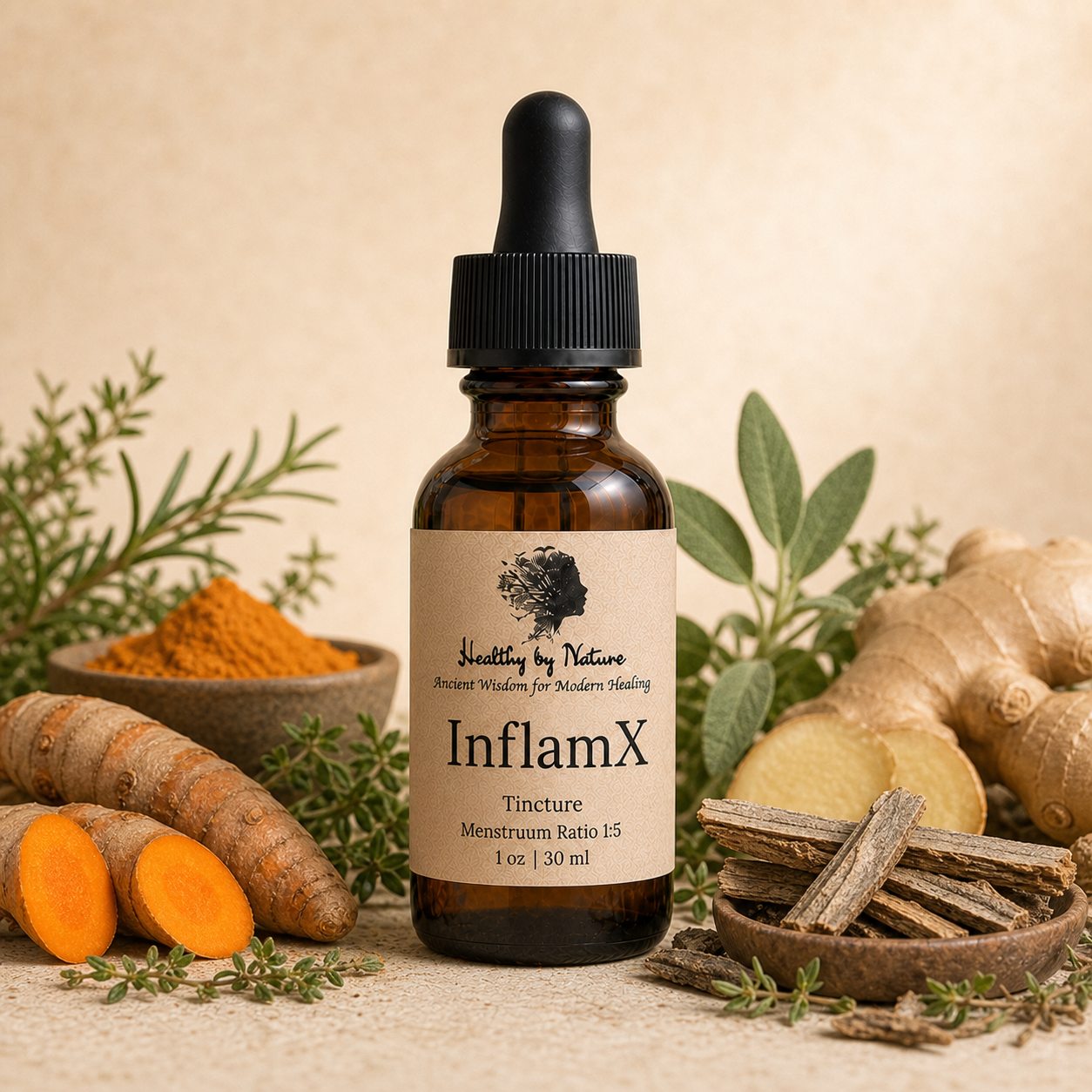 InflamX labeled amber tincture bottle