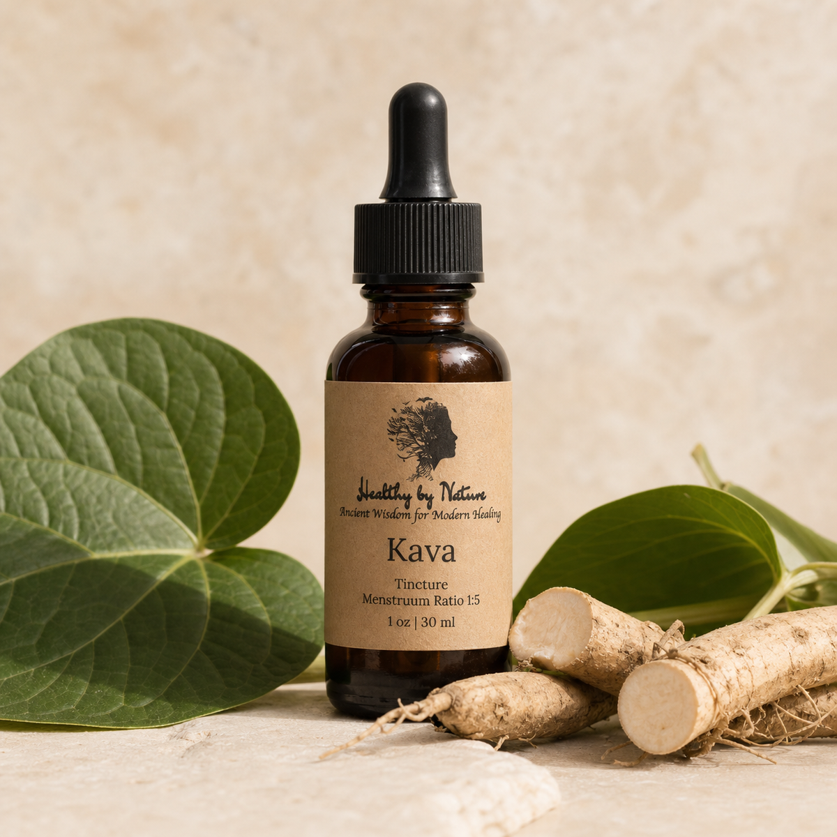 Kava tincture bottle with kraft paper label, green leaves, and fresh root
