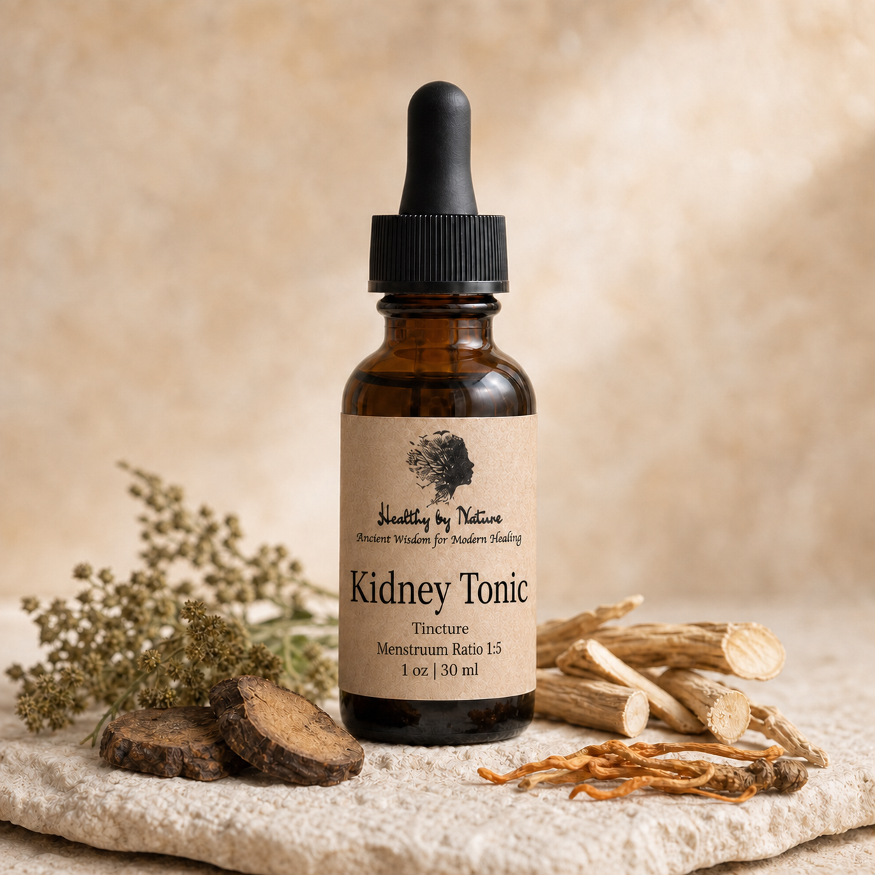 Kidney Tonic Tincture in labeled amber bottle