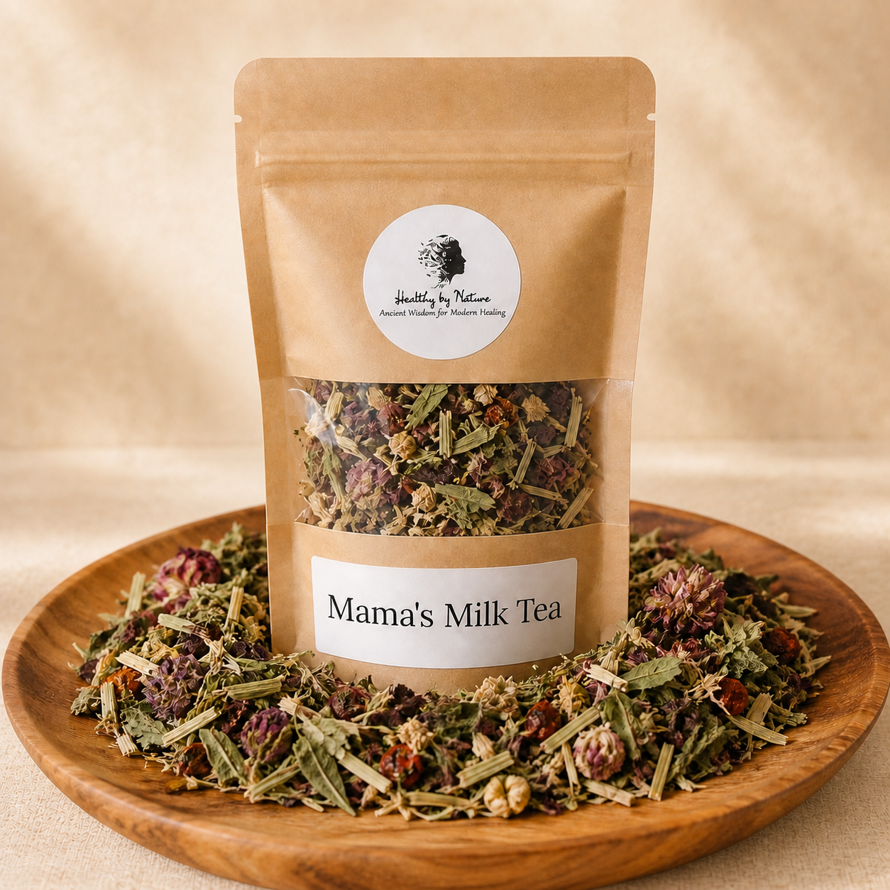 Mama's Milk Tea labeled kraft tea pouch on a warm herbal backdrop