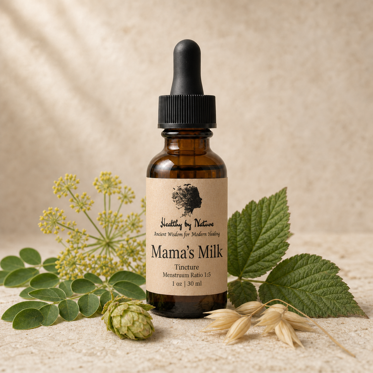 Mama's Milk Tincture in labeled amber bottle