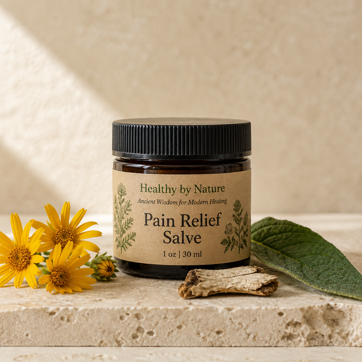 Pain Relief Salve in labeled amber jar