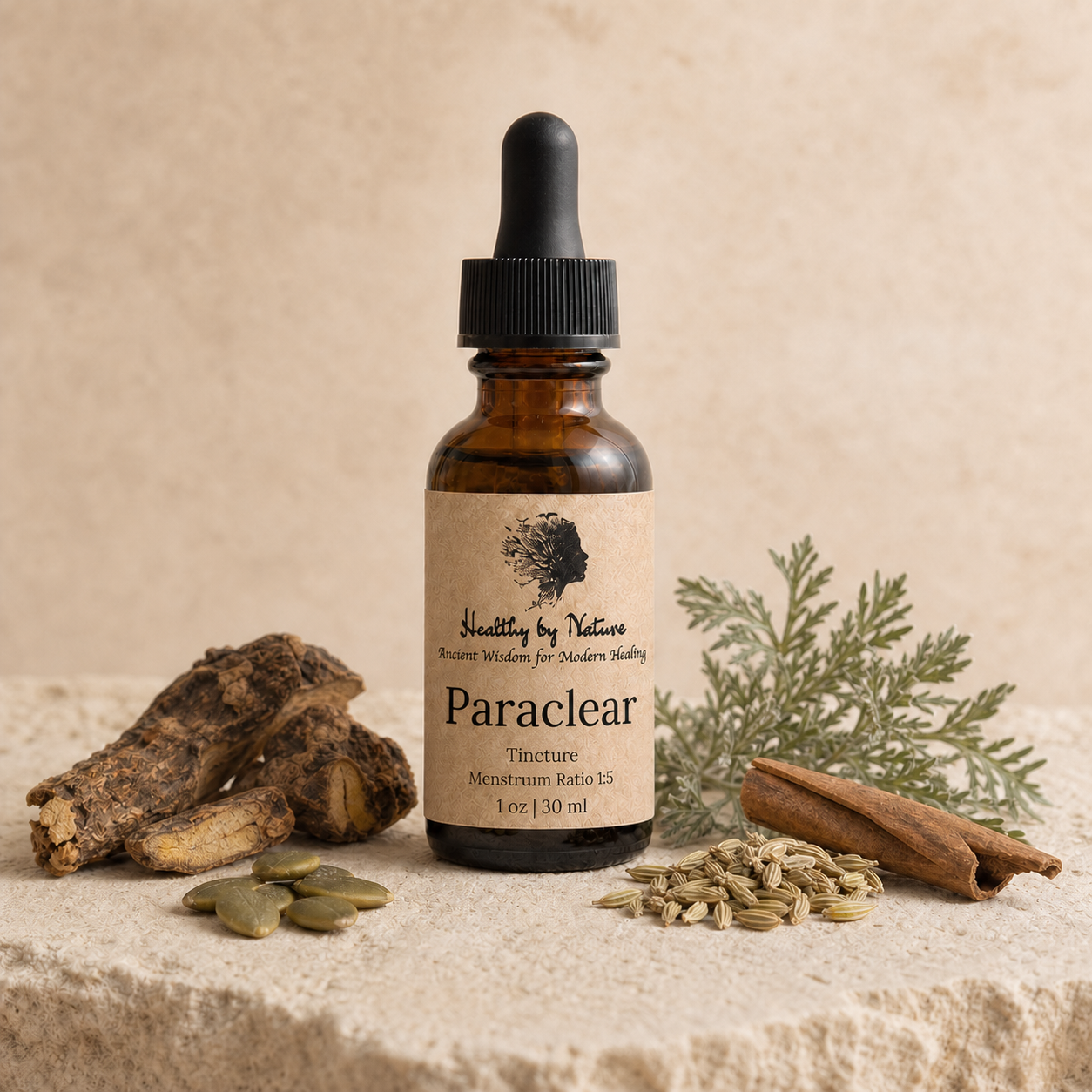 Paraclear Tincture in labeled amber bottle