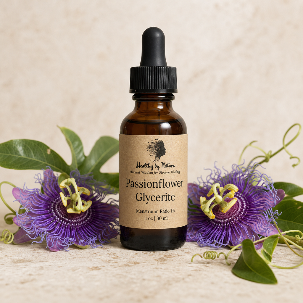 Passionflower glycerite bottle with kraft paper label and purple flowers