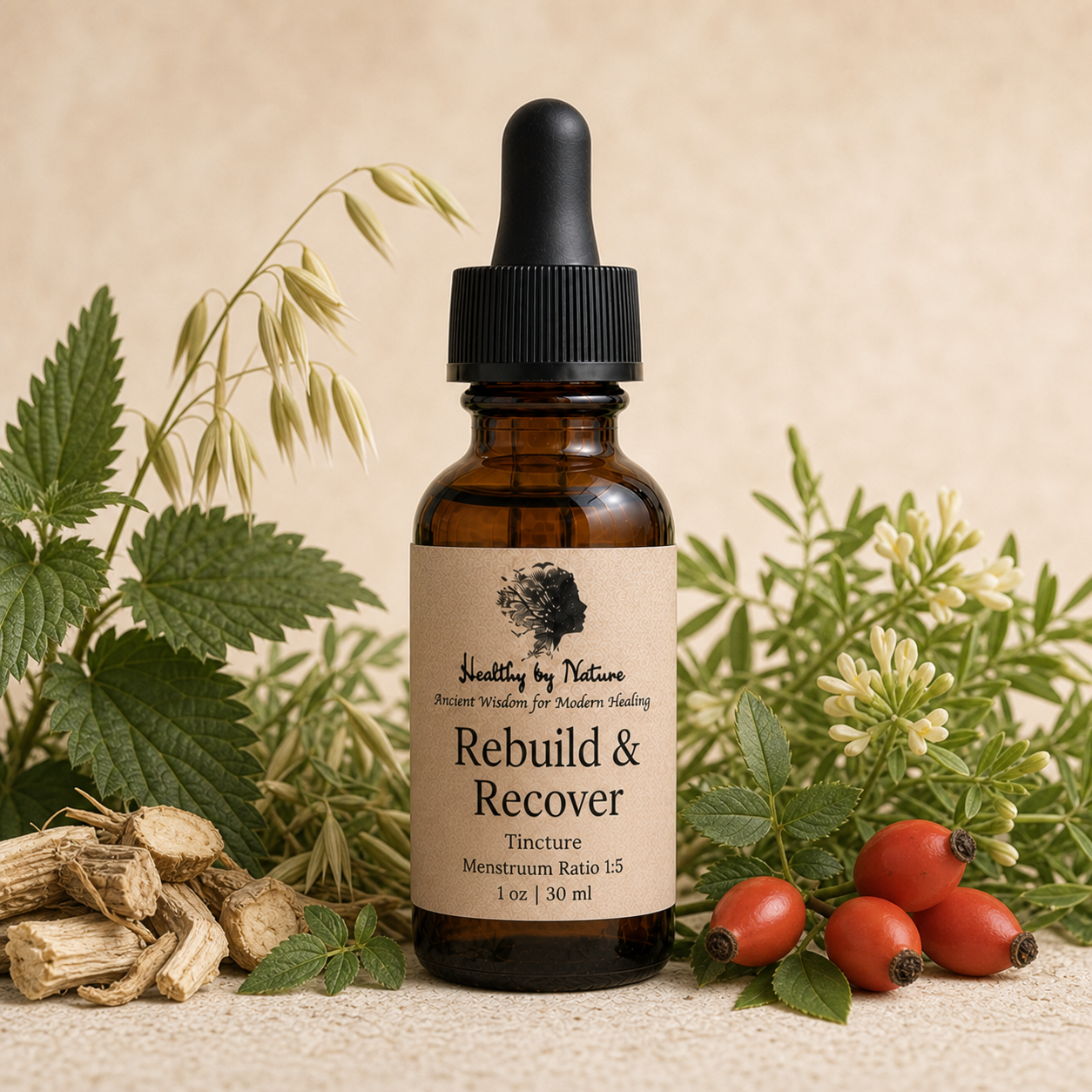 Rebuild and Recover labeled amber tincture bottle