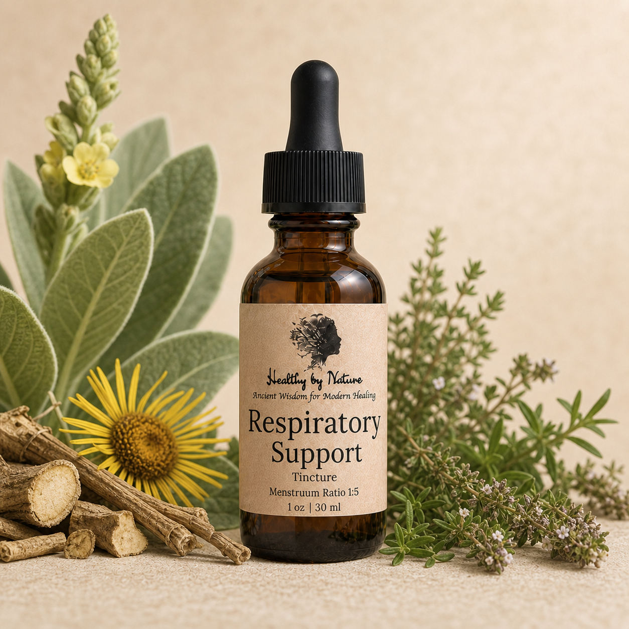 Respiratory Support labeled amber tincture bottle