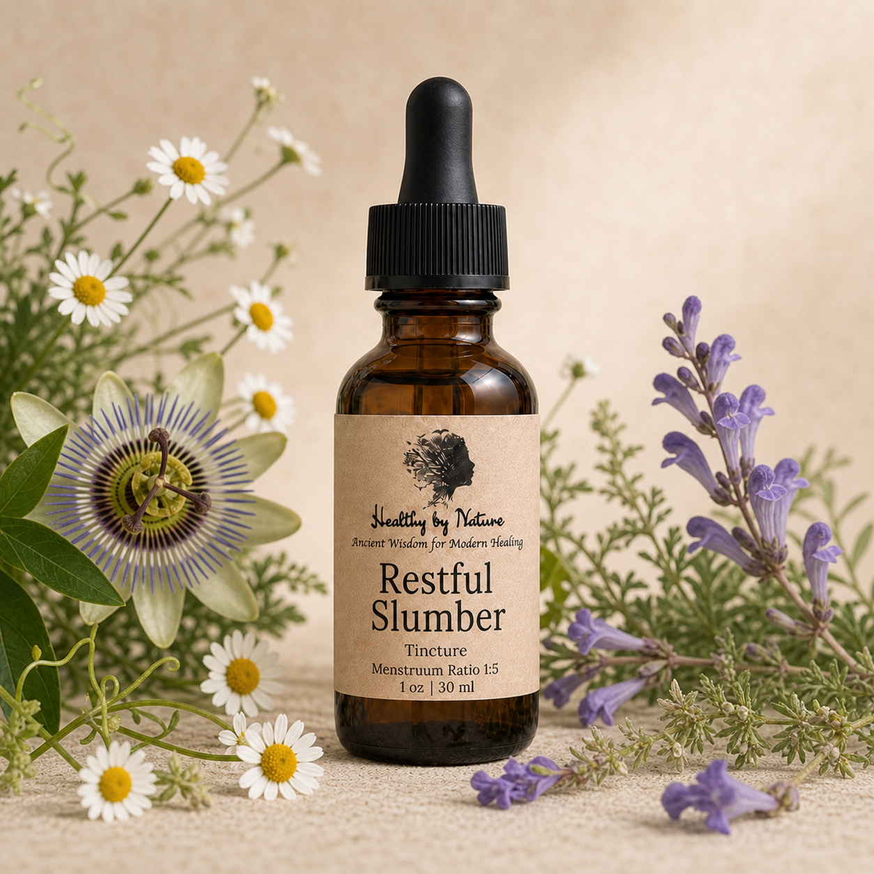 Restful Slumber labeled amber tincture bottle
