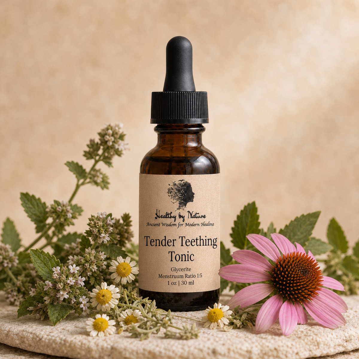 Tender Teething Tonic glycerite in labeled amber bottle