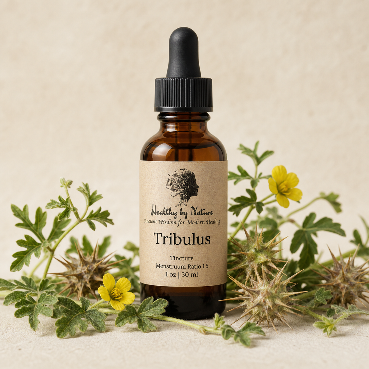Tribulus tincture bottle with kraft paper label, yellow flowers, and fruit