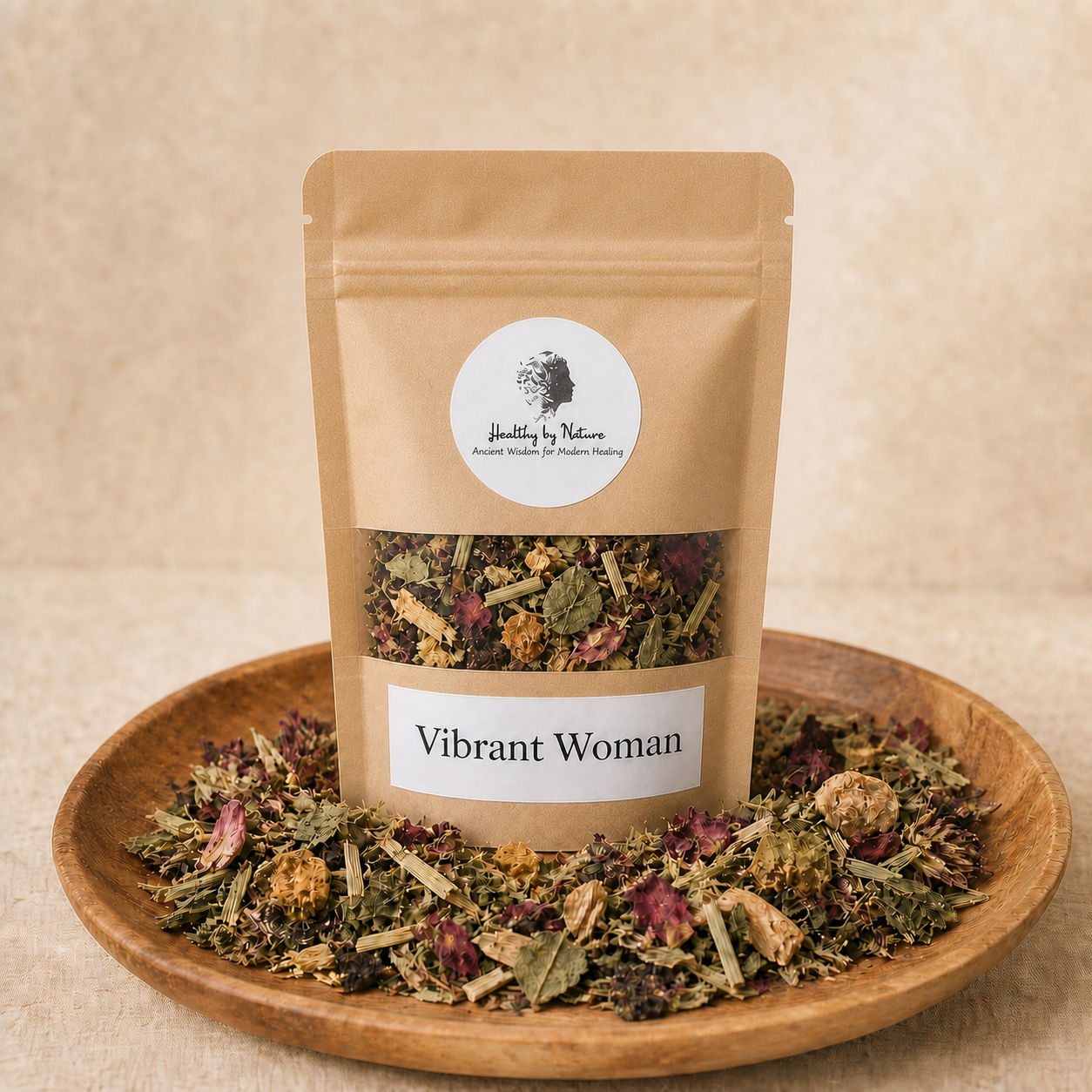 Vibrant Woman labeled kraft tea pouch on a warm herbal backdrop