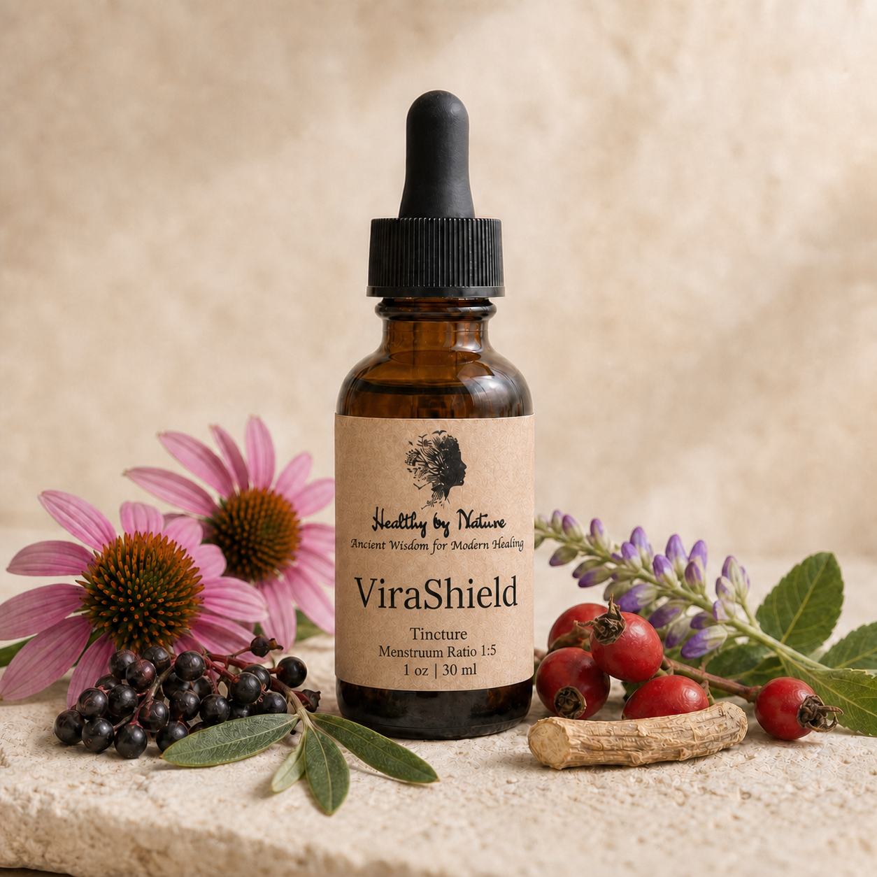 ViraShield Tincture in labeled amber bottle